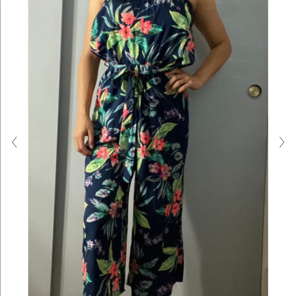 Hint of Blush tropical strapless jumpsuit